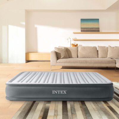 Intex 67770ND - Materasso Gonfiabile Dura-Beam Comfort Plush Matrimoniale, con Pompa Elettrica Incorporata, PVC, Grigio, 152x203x33 cm