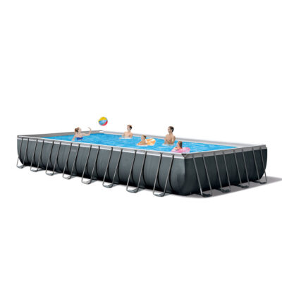 Intex 26378NP  Piscina Fuori Terra Ultra XTR Frame Rettangolare, Pompa Filtro 10000 Lh, Scaletta, Telo Base e Copertura, Kit Pulizia Deluxe e Set Volley, 54368 L, Acciaio e PVC, Grigio, 975x488x132 cm