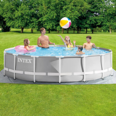 Intex 26720NP  Piscina Fuori Terra Prisma Frame Rotonda, Pompa Filtro 3785 Lh, Scaletta, Telo Base e Copertura, 12706 L, Acciaio e PVC, Grigio, 427x107 cm
