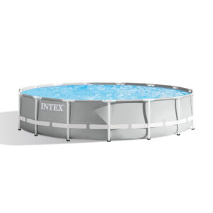 Intex 26724NP  Piscina Fuori Terra Prisma Frame Rotonda, Pompa Filtro 3785 Lh, Scaletta, Telo Base e Copertura, 14614 L, Acciaio e PVC, Grigio, 457x107 cm