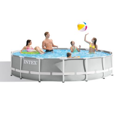 Intex 26724NP  Piscina Fuori Terra Prisma Frame Rotonda, Pompa Filtro 3785 Lh, Scaletta, Telo Base e Copertura, 14614 L, Acciaio e PVC, Grigio, 457x107 cm