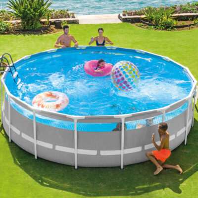 Intex 26730NP  Piscina Fuori Terra Prisma Frame Clearview Rotonda, Pompa Filtro 5678 Lh, Scaletta, Telo Base e Copertura, 19156 L, Acciaio e PVC, Grigio, 488x122 cm