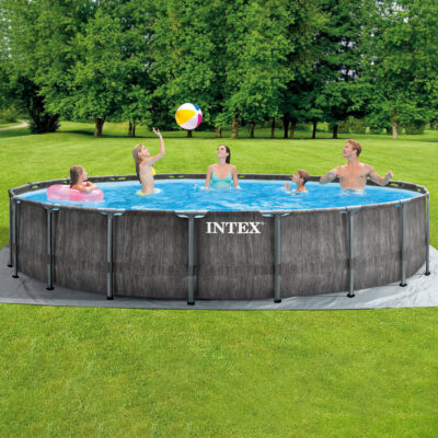 Intex 26744NP  Piscina Fuori Terra Prisma Frame Greywood Rotonda, Pompa Filtro 5678 Lh, Scaletta, Telo Base e Copertura, 24311 L, Acciaio e PVC, Marrone, 549x122 cm