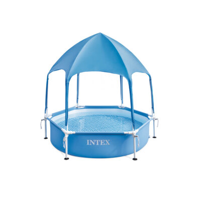 Intex 28209NP  Piscina Fuori Terra Canopy Metal Frame Rotonda, con Tettoia Parasole Removibile e Spruzzino Acqua, 700 L, Acciaio e PVC, Azzurro, 183x38 cm