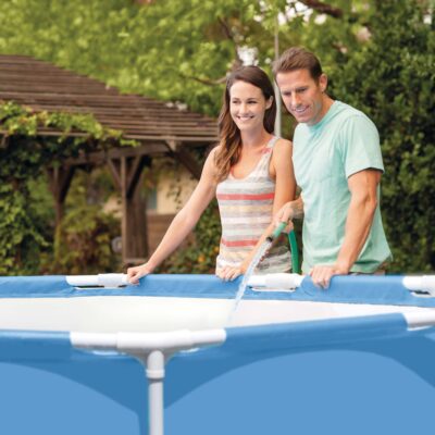 Intex 28209NP  Piscina Fuori Terra Canopy Metal Frame Rotonda, con Tettoia Parasole Removibile e Spruzzino Acqua, 700 L, Acciaio e PVC, Azzurro, 183x38 cm