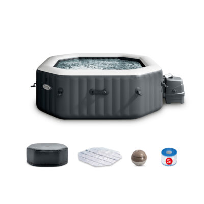 Intex 28434EX  PureSpa Bubble Plus Idromassaggio Gonfiabile, Ottagonale, 4 posti, PVC, con 120 Getti e Accessori, Grigio Ardesia,  180x71 cm