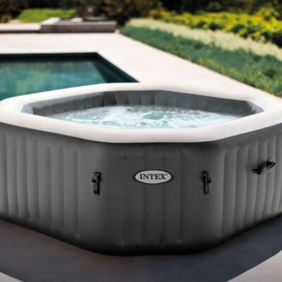 Intex 28434EX  PureSpa Bubble Plus Idromassaggio Gonfiabile, Ottagonale, 4 posti, PVC, con 120 Getti e Accessori, Grigio Ardesia,  180x71 cm