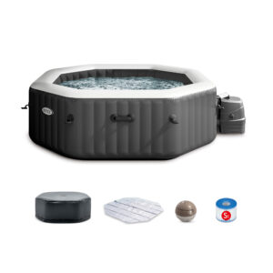 Intex 28438EX  PureSpa Bubble Plus Idromassaggio Gonfiabile, Ottagonale, 6 posti, PVC, con 140 Getti e Accessori, Grigio Ardesia,  211x71 cm