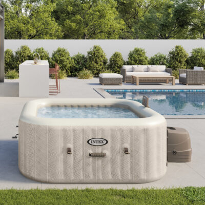 Intex 28446EX - PureSpa Vasca Idromassaggio Gonfiabile Chevron Deluxe Quadrata, 4 posti, 140 Getti, Riscaldatore, PVC, Multicolore, 175x175x71 cm