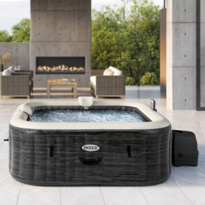 Intex 28452EX - PureSpa Vasca Idromassaggio Greystone Deluxe Quadrata, 6 posti, 170 Getti, Riscaldatore, PVC, Grigio, 195x195x71 cm