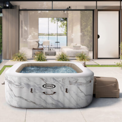 Intex 28464EX - PureSpa Vasca Idromassaggio Calacatta Quadrata, 4 posti, 140 Getti e 4 Jet, Riscaldatore, PVC, Multicolore, 175x175x71 cm