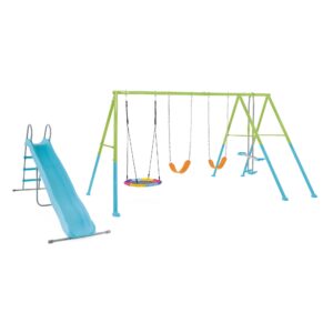Intex 44151- Set Altalena e Scivolo Indipendente, con Due Seggiolini, Un Dondolo Nido e Un Dondolo Due Posti, Acciaio, Verde e azzurro, 442x235x200 cm