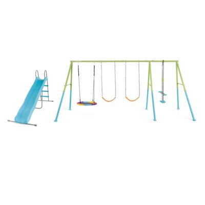 Intex 44151- Set Altalena e Scivolo Indipendente, con Due Seggiolini, Un Dondolo Nido e Un Dondolo Due Posti, Acciaio, Verde e azzurro, 442x235x200 cm