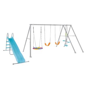 Intex 44152 - Set Altalena e Scivolo Indipendente, con Due Seggiolini, Un Dondolo Nido e Un Dondolo Due Posti, Acciaio, Grigio, 442x235x200 cm