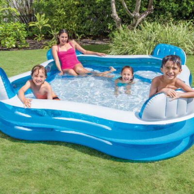 Intex 56475NP - Piscina Gonfiabile Family Quadrata, con Quattro Sedili,  Vinile, Multicolore, 229x229x66 cm