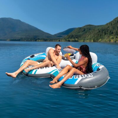 Intex 56827EU - Ciambella Gonfiabile Mare River Run Doppia, 2 posti, con mini frigo, PVC, Azzurro, 243x157 cm