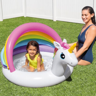 Intex 57113NP - Piscina Gonfiabile Unicorno Baby con Parasole, Vinile, Multicolore, 127x102x69 cm