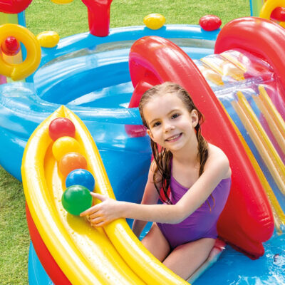 Intex 57453NP - Piscina Gonfiabile Playground Arcobaleno, Vinile, Multicolore, 297x193x135 cm