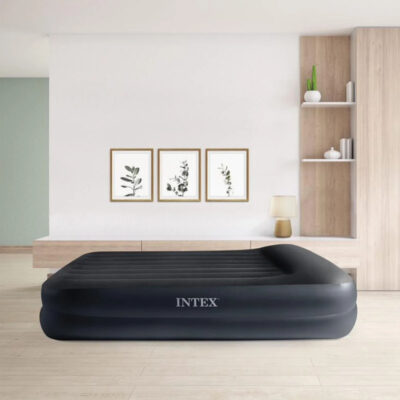 Intex 64124ND - Materasso Dura-Beam Pillow Rest Raised Matrimoniale, con Pompa Elettrica Incorporata, PVC, Nero, 152x203x42 cm