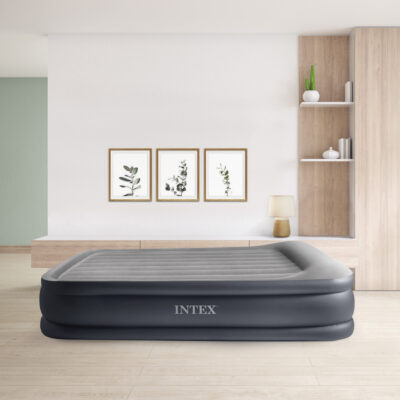 Intex 64136ND - Materasso Gonfiabile Dura-Beam Pillow Rest Deluxe Matrimoniale, Bicolore, con Pompa Elettrica Incorporata, PVC, Grigio, 152x203x42 cm