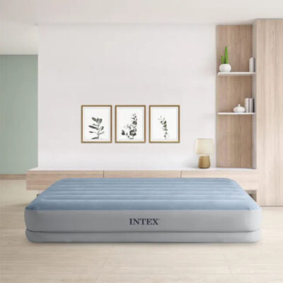 Intex 64159 - Materasso Gonfiabile Dura-Beam Mid-Rise Comfort Matrimoniale, con Pompa USB, PVC, Grigio e Azzurro, 152x203x36 cm