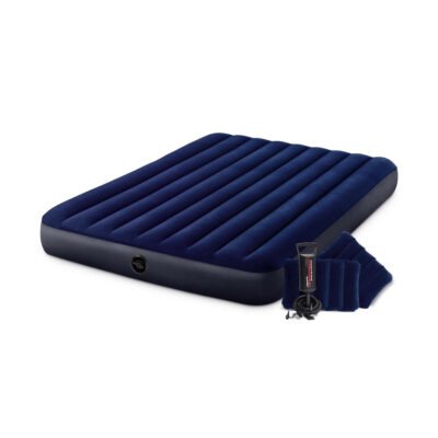 Intex 64765 - Materasso Gonfiabile Classic Downy Matrimoniale, Due Cuscini e Pompa Manuale, PVC, Blu, 152x203x25 cm