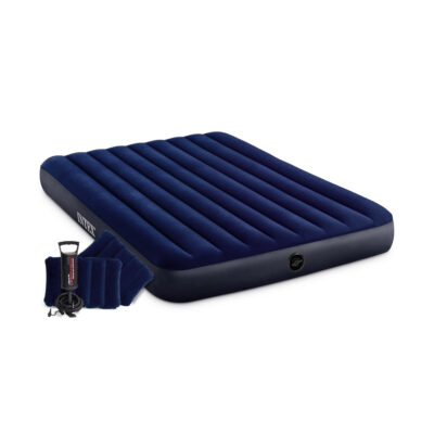 Intex 64765 - Materasso Gonfiabile Classic Downy Matrimoniale, Due Cuscini e Pompa Manuale, PVC, Blu, 152x203x25 cm
