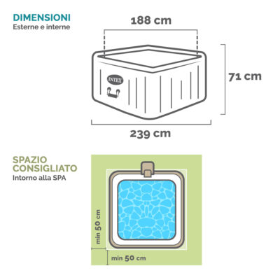 Intex 28452EX - PureSpa Vasca Idromassaggio Greystone Deluxe Quadrata, 6 posti, 170 Getti, Riscaldatore, PVC, Grigio, 195x195x71 cm